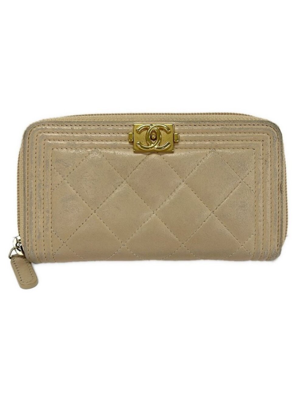 Chanel Wallet Boy Beige Gold Zip Around Lambskin